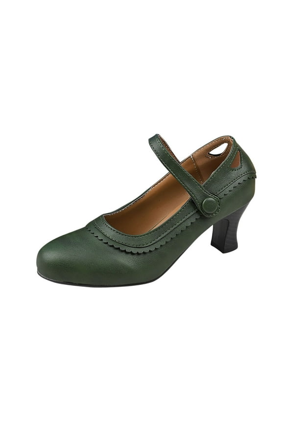 Green Female Casual Round Head Thick Heel Lace Shoes, 6 Cm Heel For Leisure Activities