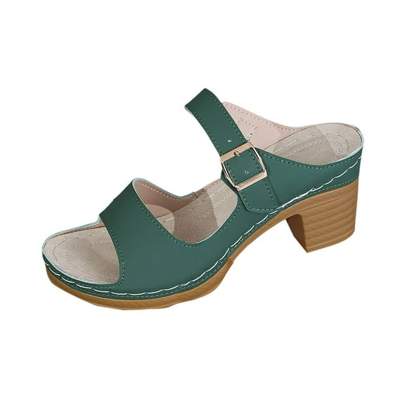 Green Female Casual Summer Sandals With One Strap High Heel Metal Buckle And Comfortable Design