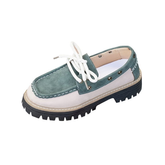 Green Female Fashion Loafers Featuring Front Lace-Up Round Toe Flat Thick Sole Chunky Heel Perfect For Year-Round Wear