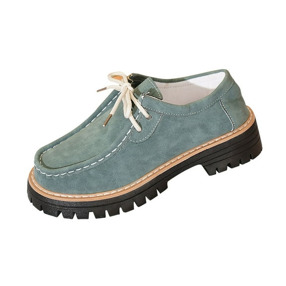 Green Female Versatile Loafers With Lace-Up Frosted Round Toe And Thick Heel Construction Great For Casual Wear And All Day Comfort