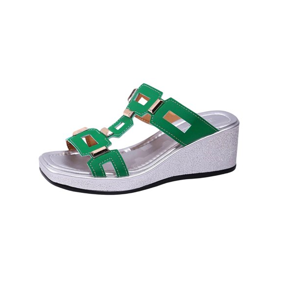 Green Feminine Comfortable Peep-Toe Wedge Sandals One-Strap Soft-Soled For Plus Size Casual Beach Wear Pu