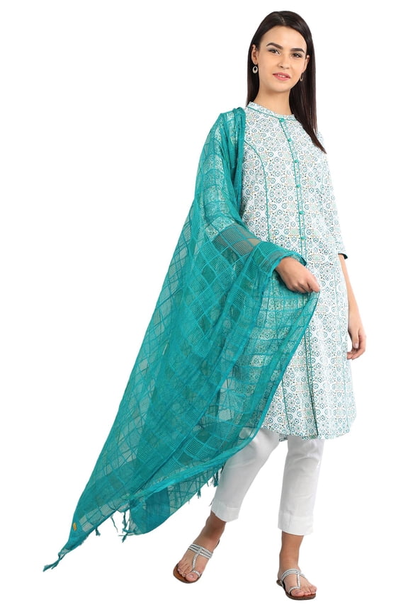 Green Feminine Floral Mandarin Collar Kurta-Large