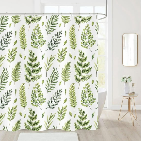 Green Fern Leaves Shower Curtain, Waterproof Fabric Greenery Watercolor Botanical Plant Bathroom Shower Curtain, 72 x 72 Inch
