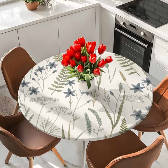 Green Ferns Wild Grasses on Beige Round Fitted Tablecloth with Elastic Edge,Waterproof Table Cloth Fits Tables 36"-44",Wipeable Washable Table Cover for Indoor Outdoor Dinning Party,Spring Plants