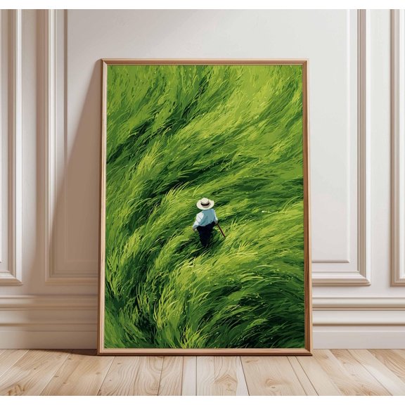 Green Field Farmer Wall Art Print Minimalist Landscape Poster Nature Grass Scene Artwork P