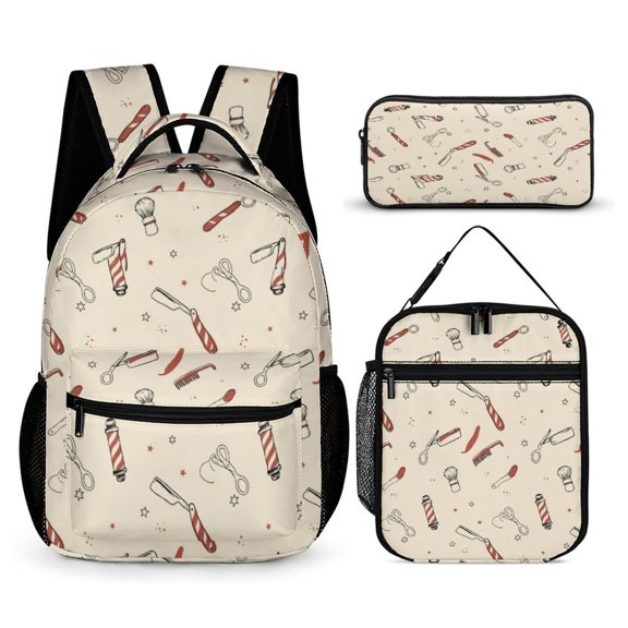 Green Field Storm 2026 Soccer Fever Barber Shop Tools Pattern Backpack3 PC Backpack Set Casual School Bag Daypack with Lunch Bag Outdoor Travel Large Capacity Bags One Size