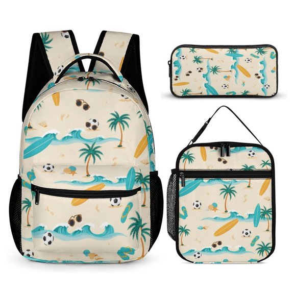 Green Field Storm 2026 Soccer Fever Summer Beach Surf Print Backpack3 PC Backpack Set Casual School Bag Daypack with Lunch Bag Outdoor Travel Large Capacity Bags One Size