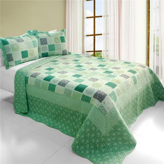 Green Fields Cotton 3 Pieces Vermicelli-Quilted Printed Quilt Set Full & Queen Size - Multicolor