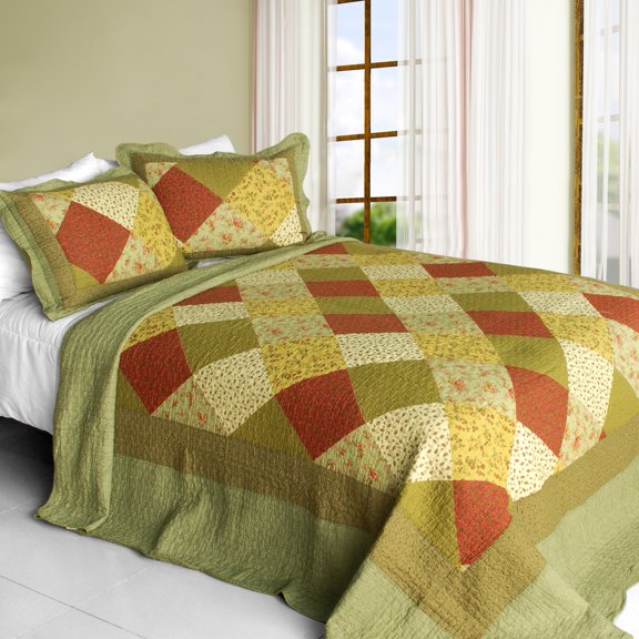 Green Fields Cotton 3PC Vermicelli-Quilted Striped Printed Quilt Set Full/Queen