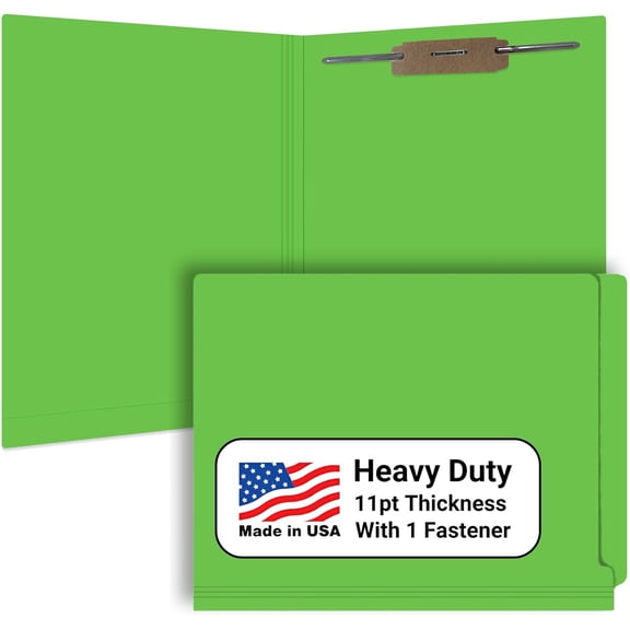 Green File Folders, Made, , One 2" Bonded Fastener Top Right Position 1, Durable 11pt, Reinforced End Tab File Folders with Prong, Medical Charts/Patient Chart, 50/Box
