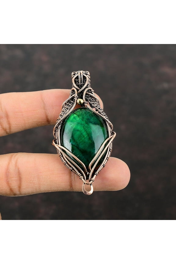 Green Fire Labradorite Copper Gift For Bestie Wire Wrapped Pendant 2.68"