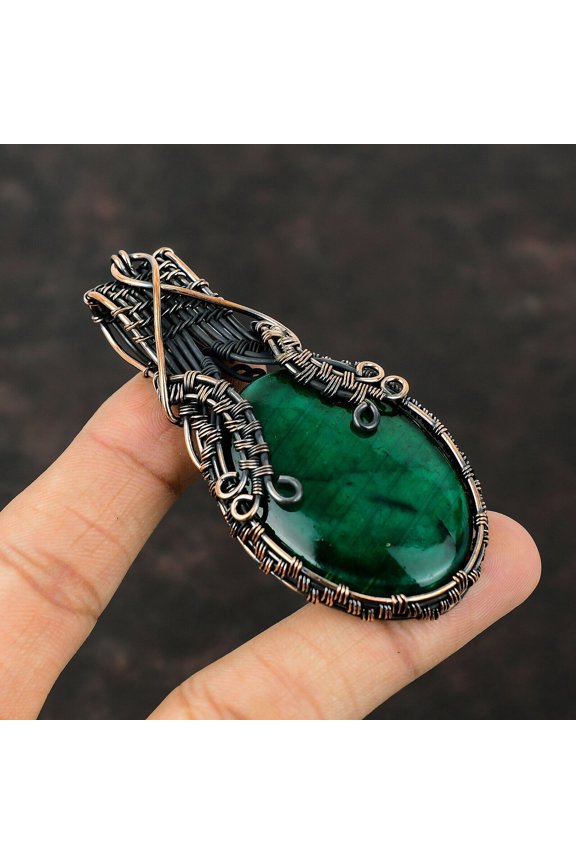 Green Fire Labradorite Jewelry Copper Gift For Mum Wire Wrapped Pendant 3.15"