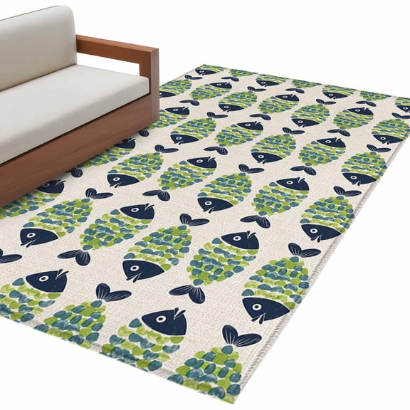 Green Fish Area Rug 4x6 Washable Rug Non Slip Rustic Animals Coastal Seaside Summer Large Area Rug Indoor Floor Carpet for Entryway Bedroom Kitchen Living Room Home Office Dining Room Nursery