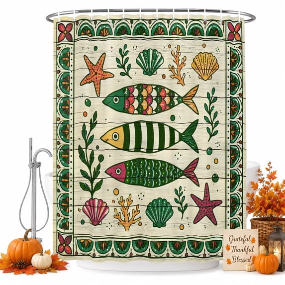 Green Fish Coastal Shower Curtain, Waterproof Shower Curtains for Bathroom, Nautical Wooden Abstract Art Seaside Washable Fabric Bathtub Curtain Set Bath Decor with 12 Hooks Extra Long 72"x96"