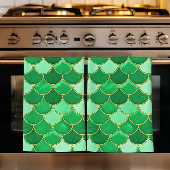 Green Fish Scale Kitchen Towels Set of 1, Modern Geometric Ombre Abstract Moroccan Absorbent Dish Towels for Kitchen, Microfiber Hand Towel, Quick Drying Tea Towel for Cleaning Decorative Dishcloths