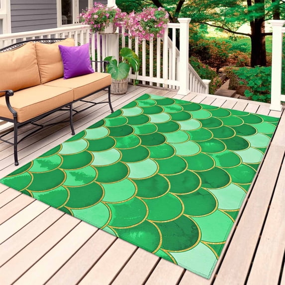 Green Fish Scale Outdoor Rug for Patio/Deck/Porch, Non-Slip Large Area Rug 5 x 8 Ft, Modern Geometric Ombre Abstract Moroccan Indoor Outdoor Rugs Washable Area Rugs, Camping Rug Carpet Runner