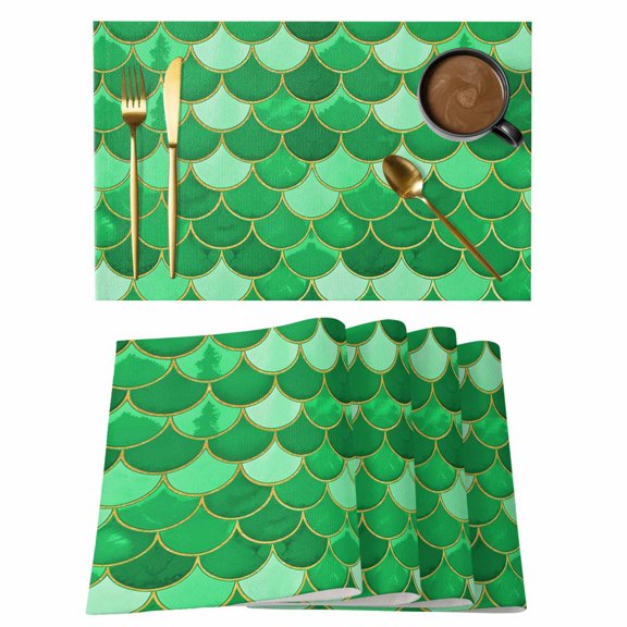 Green Fish Scale Placemats Set of 4, Modern Geometric Ombre Abstract Moroccan Placemats for Dining Table, Place Mats for Kitchen Tabletop, Waterproof Wipeable Dining Table Mats Set