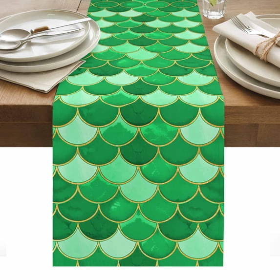 Green Fish Scale Table Runner - 108 Inch Long, Kitchen Dining Table Runner Dresser Scarves, Modern Geometric Ombre Abstract Moroccan Farmhouse Decor for Coffee Tables Wedding Party Banquet