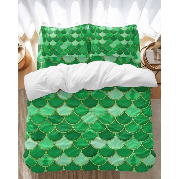 Green Fish Scales Bedding Duvet Cover Set Queen Size 4 Pieces Ombre Fish Tail Abstract Art Vintage Bedding Set with Zipper Closure, 1 Comforter Cover 90x92 Inches 1 Flat Sheet & 2 Pillow Cases