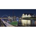 thumbnail image 1 of A Green Fishing Boat Moored Along The Edge of A River At Nighttime with An Illuminated Sage Gateshead in The Background - Poster Print by John Short - 22 x 11, 1 of 1