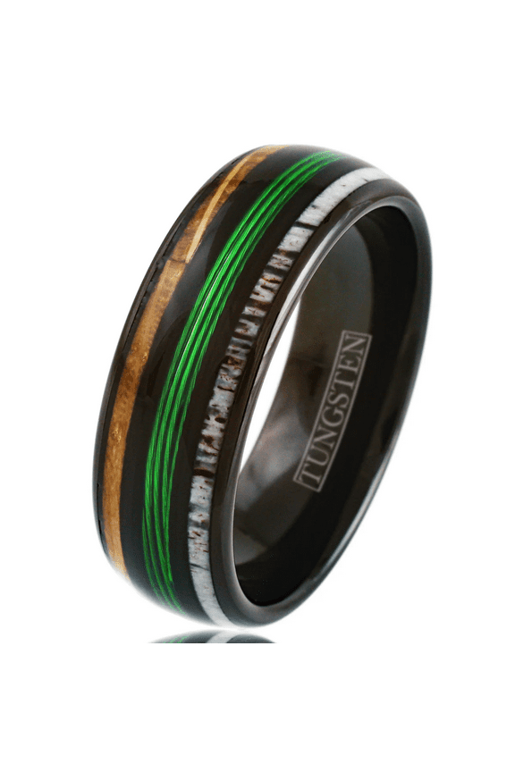 Green Fishing Line Wedding Band Ring for Men Black Tungsten Carbide Whiskey Barrel Oak Wood and Deer Antler Inlays