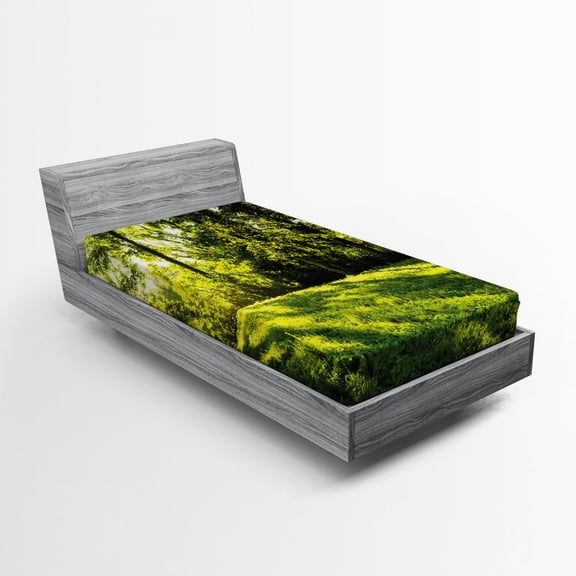 Ambesonne Green Fitted Sheet, Rising Sun Beams Forest, Twin XL Size, Green
