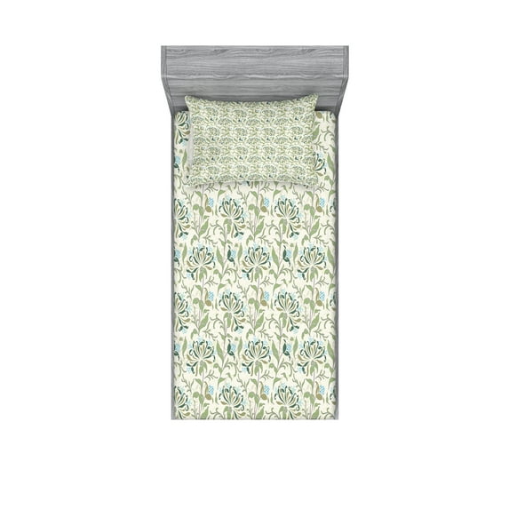Green Fitted Sheet & Pillow Sham Set, Pastel Colored Floral Ornaments Soft Petals Leaves Vintage Garden Botany, Decorative Printed 4 Piece Bedding Decor Set, Twinxl, Multicolor, by Ambesonne