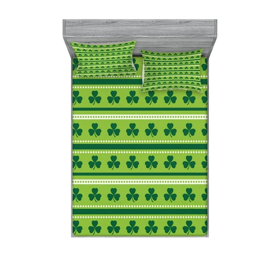 Green Fitted Sheet & Pillow Sham Set, Traditional Irish Pattern Clovers Happy St. Patrick's Day Theme, Decorative Printed 6 Piece Bedding Decor Set, Full, Lime Green Dark Green, by Ambesonne