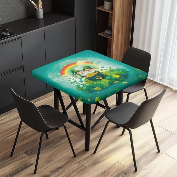 Green Fitted Tablecloth with Elastic Tables No Slip Cloth Washable Anti-Wrinkle Card Table Cover Protector for Party Picnic Kitchen Dining Decor, 34x34in