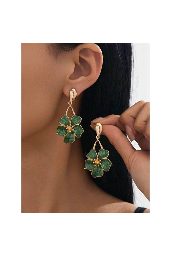 Green Five-Petal Floral Dangle Earrings With Goldtone Metal Setting For Women
