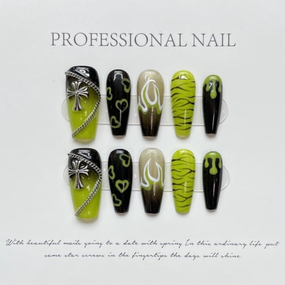 Green Flame Dopamine Wearable Nails - Forest Elf Style, High-End Hand-Painted, Removable Manicure Set