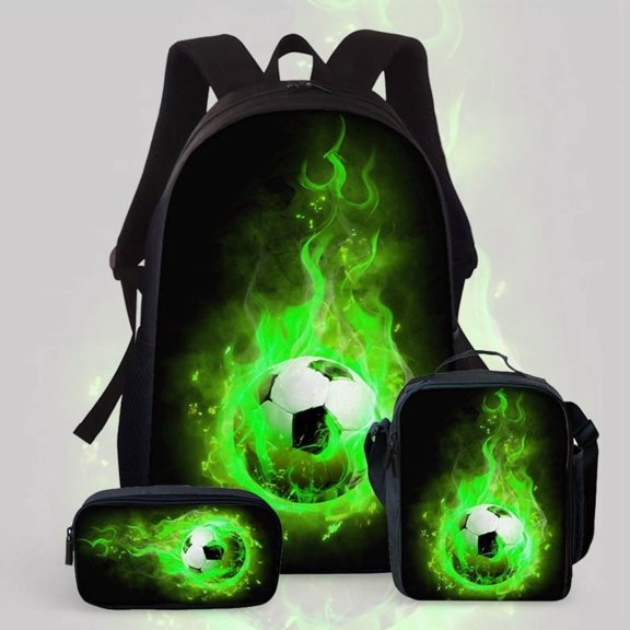Green Flame Football Backpack Set, 3 Piece Backpack Set With Lunch Box Pen Box , High Capacity Bookbag Lunch Bag Pencil Case Workplace Travel