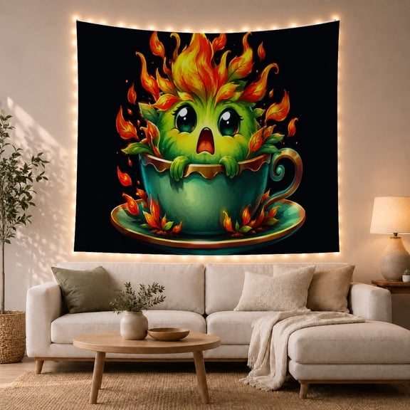 Green Flame Spirit Creature in Teacup Against Black Background, Whimsical Fantasy for Anime Fans, Magical Creature Wall Art Housewarming Gift, Tapestry Wall Hanging for Bedroom and Dorm