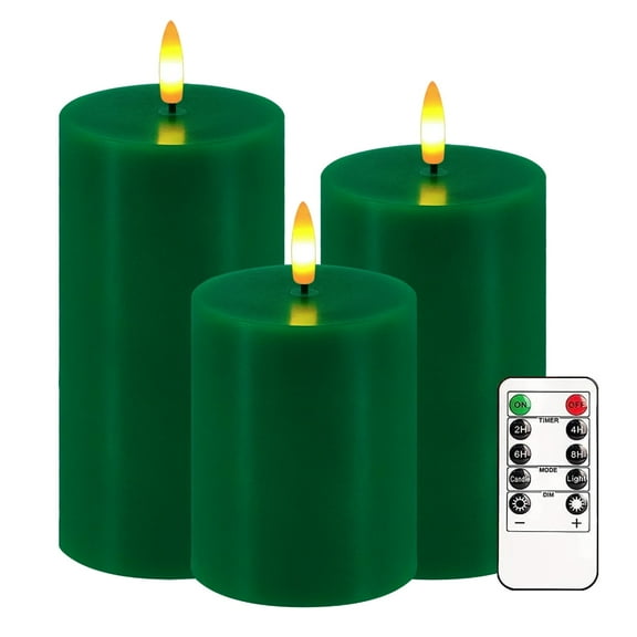 Green Flameless Candles, Set of 3 Flickering LED Candles with Remote & Timer, Dimmable Real Wax Electric Pillar Candles Battery Operated, Green Candles Light for Home St. Patrick's Christmas Decor