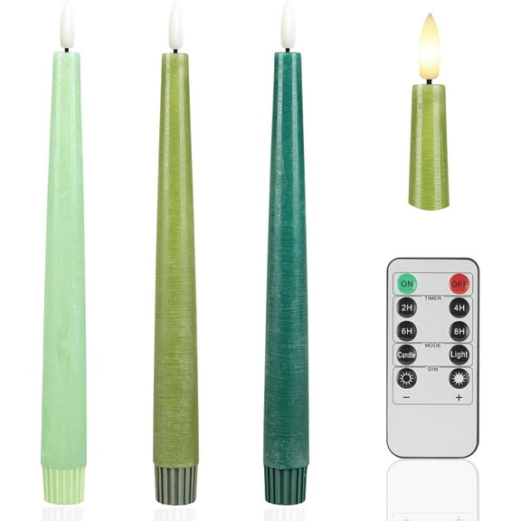 Green Flameless Taper Candles, 9.6" Real Wax Battery Operated Candles with Remote, 3 Pack Flickering, Gradient Candlesticks, Fake Candle for Home, Wedding, Party Decor