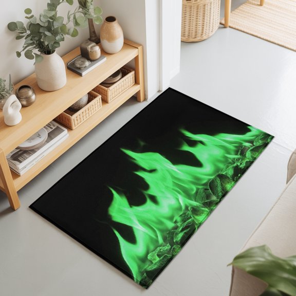 Green Flames 2'x3' Rug for Entryway Front Door Kitchen Sink Area, Neon Style Black Background Low Pile Washable Non Slip Rectangle Area Rug