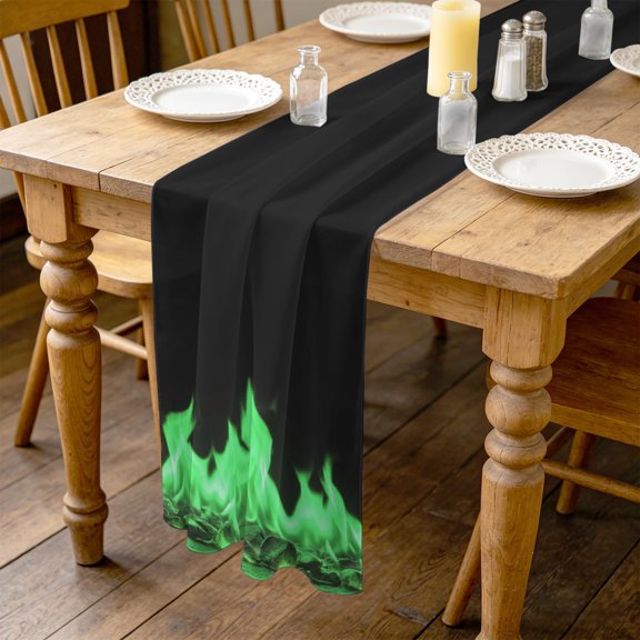Green Flames 4.5ft Cheesecloth Table Runner for Wedding 19"x55", Neon Style Black Background Kitchen Dinner Sheer Tulle Chiffon Dresser Scarf, Holiday Party Decorations