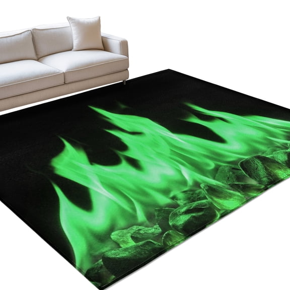 Green Flames 6x9ft Non Slip Area Rug Neon Style Black Background Washable Soft Area Rugs for Living Room, Indoor Circle Carpet for Bedroom Dining Room Kitchen