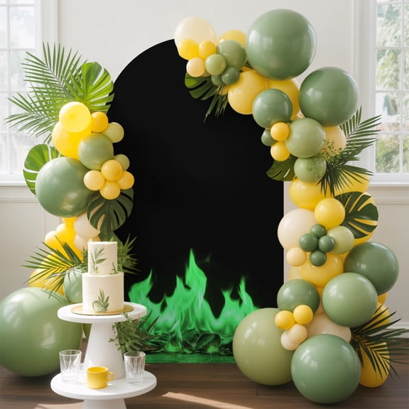 Green Flames Arch Backdrop Cover, 4FT, Neon Style Black Background Spandex Arch Covers Double-Sided Backdrop for Wedding Birthday Party Photo Background Decoration