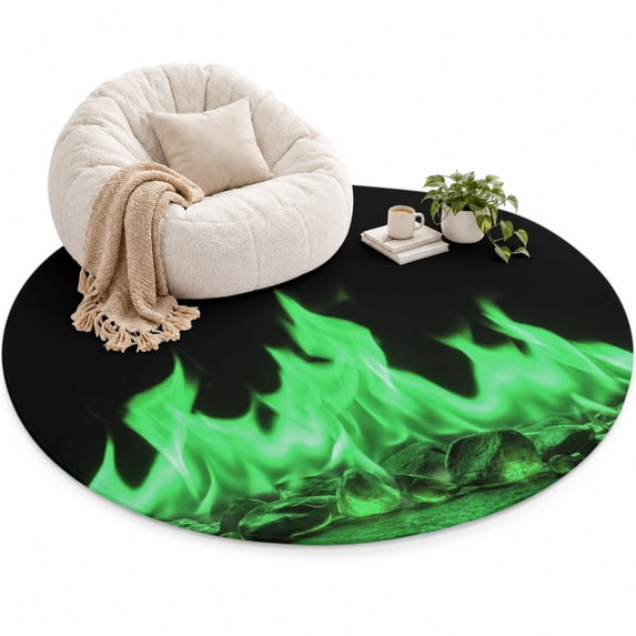 Green Flames Area Rug 5', Neon Style Black Background Soft Mat Non-Slip ...