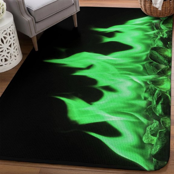 Green Flames Area Rugs for Living Room 5x6, Neon Style Black Background Washable Area Rug with Non Slip Backing, Stain Resist Linen Carpet for Bedroom, Dining Room, Entryway, Entrance