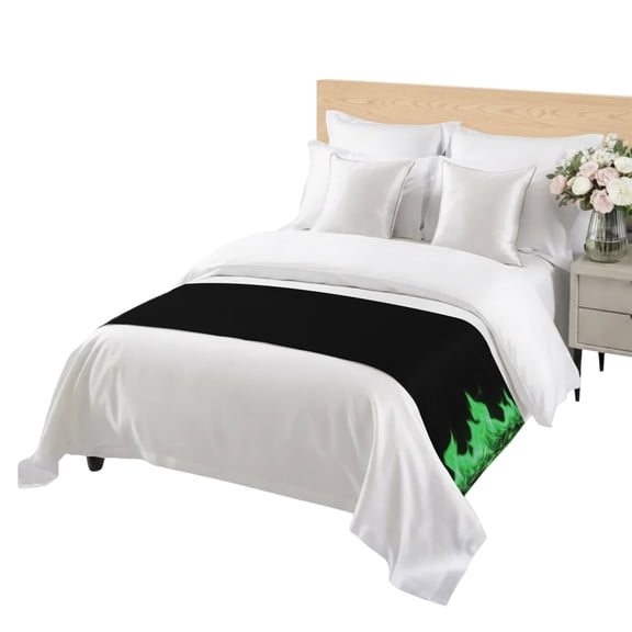 Green Flames Bed Runner King Size Neon Style Black Background Soft Bed Scarf for Foot of Bed, Decorative Bedding Scarf Protection for Hotel Home Bedroom 94 x 20 Inch
