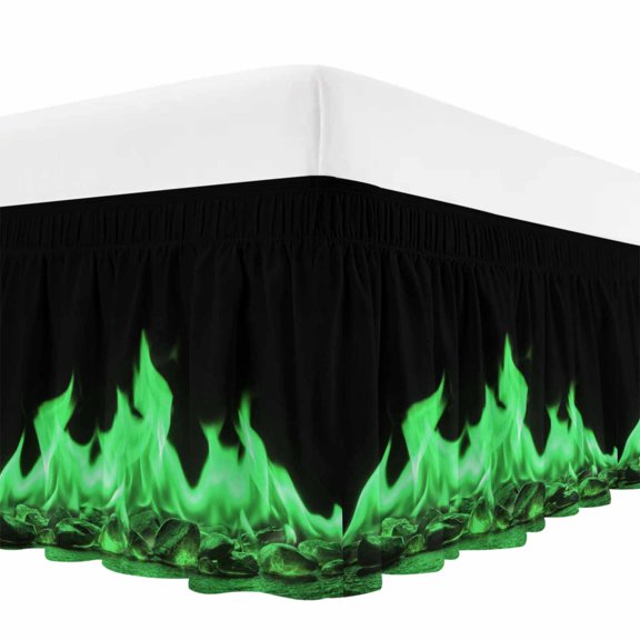 Green Flames Bed Skirt Bed Skirts Queen Size 16 Inch Drop, Neon Style Black Background Wrap Around Dust Ruffle Bedskirt with Adjustable Elastic Belt for Queen Size Beds