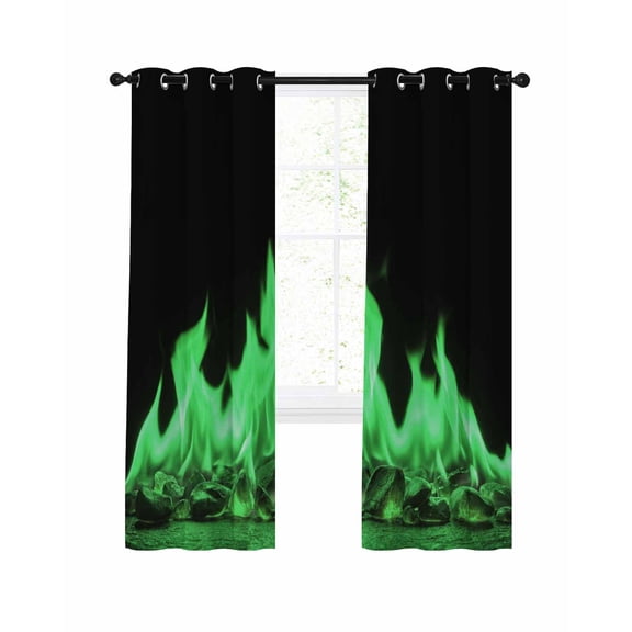 Green Flames Blackout Curtains 2 Panels Set Neon Style Black Background Thermal Insulated Privacy Black Out Drapes Window Curtain for Living Room Bedroom 27.5 x 39 Inch