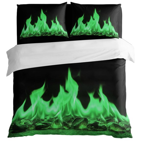 Green Flames Duvet Cover Set California King Size, Neon Style Black Background 4 Piece Bedding Set with Zipper Closure & Corner Ties Soft Breathable Comforter Cover for Bedroom