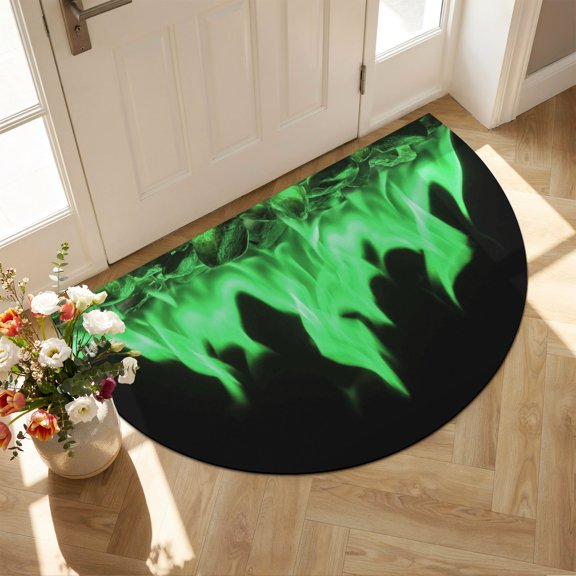 Green Flames Half Circle Door Mat Front Door Mat, Neon Style Black Background Non Slip Washable Doormats Entrance Rugs Absorbent Welcome Low Profile Floor Mats for Indoor, 16" x 24"