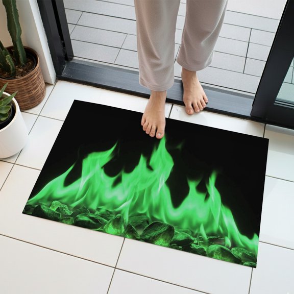 Green Flames Indoor Door Mat 16x24 Inch Neon Style Black Background Front Door Mat Non Slip Washable Entryway Rug Low Profile Dirt Trapper Doormat for Bathroom Kitchen Bedroom