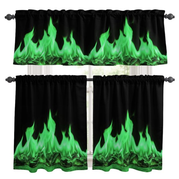 Green Flames Kitchen Curtains Set for Windows, Neon Style Black Background Curtains Valance and Tier 3 Piece Set Small Drapes 24 Inch Length for Kitchen Bedroom Decor