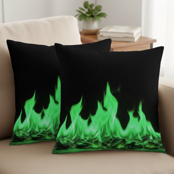 Green Flames Pillow Covers Set of 2, Neon Style Black Background 16x16 Inch Decorative Throw Pillow Covers Soft Pillowcases with Zipper for Couch Sofa Bed Chair