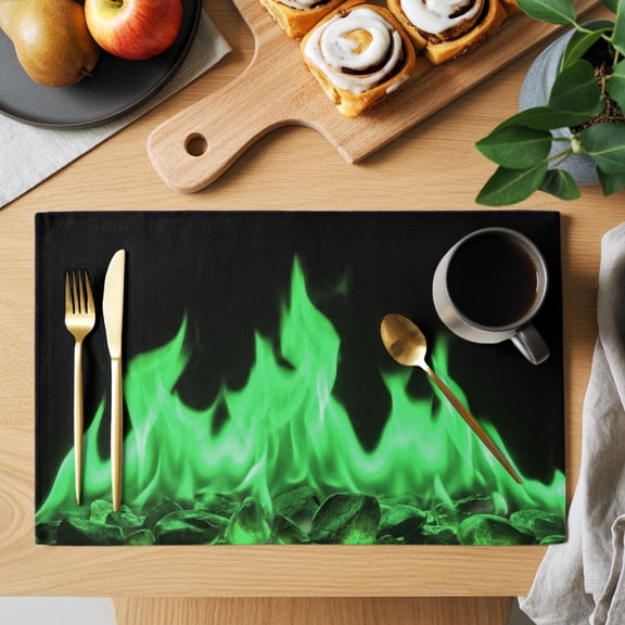 Green Flames Placemats Set of 2, Neon Style Black Background Heat Insulated Linen Place Mats, Washable Stain-Proof Table Mats for Dining Tables Holiday Decor 13x19 Inches